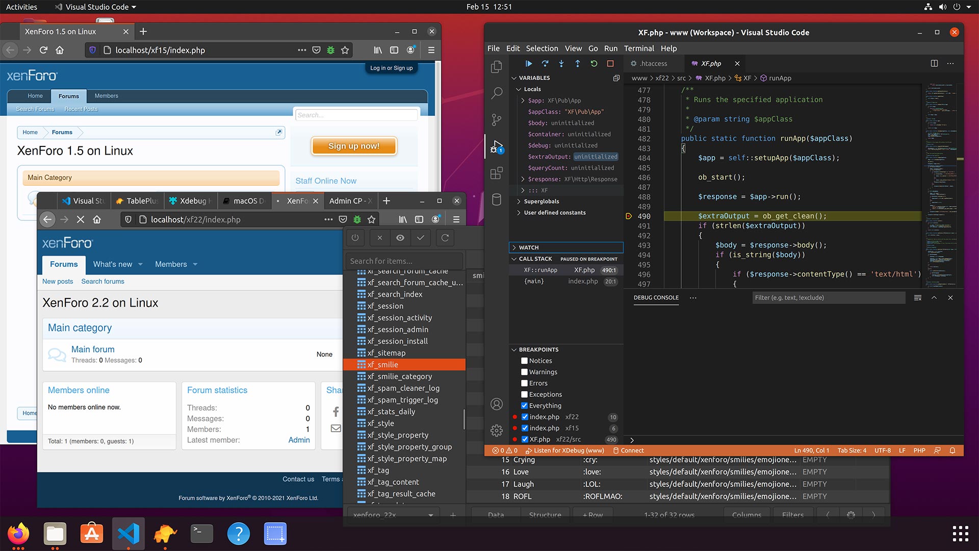 截图：Ubuntu Linux运行XenForo，使用Xdebug和Visual Studio Code进行调试